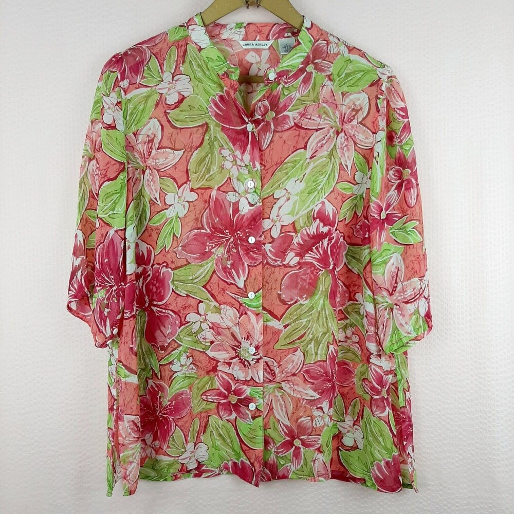 Laura Ashley Women Button Up Shirt 100% Silk 3/4 Sleeve Tropicl Flowers Size L
